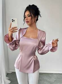 Chiquease Damen Bluse, elegant, glänzend, mit Bindeband, Schmetterling Rüschenärmeln, Langarm, Herbst/Winter - Pink - Übersicht 1