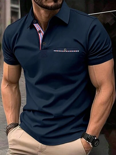 Manfinity Homme Men's Plaid Color Block Polo Shirt With Front And Back Pockets , A Gift For Boyfriend, A Gift For Men, Suitable For Friends Polo T Shirt Men Polo Shirts For Men Collar Polo Men Shirt Polos For Men