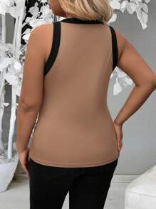 INAWLY 大尺碼女士色塊極簡風日常背心上衣 - 卡其色 - 查看 2