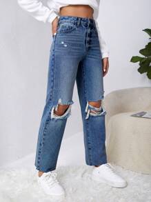 SHEIN EZwear Y2k Ripped Raw Cut Straight Leg Jeans - Medium Wash - View 3