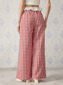 SHEIN MOD 前腰带蕾丝拼接红格子可爱运动长裤，田园风长裤，度假休闲长裤，外出长裤，春季长裤，情人节服装 - 紅色 - 查看 2