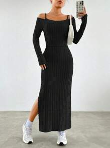 SHEIN Conjunto informal de 2 piezas para adolescentes: Camiseta de cuello redondo de manga larga a rayas Off Shoulder y Vestido tipo Camiseta de punto