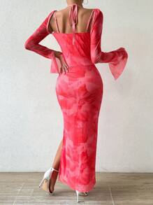 SHEIN Unity Gaun Wanita Lengan Panjang Belahan dengan Motif Bunga, Potongan Slim Fit - Berwarna merah muda - View 2