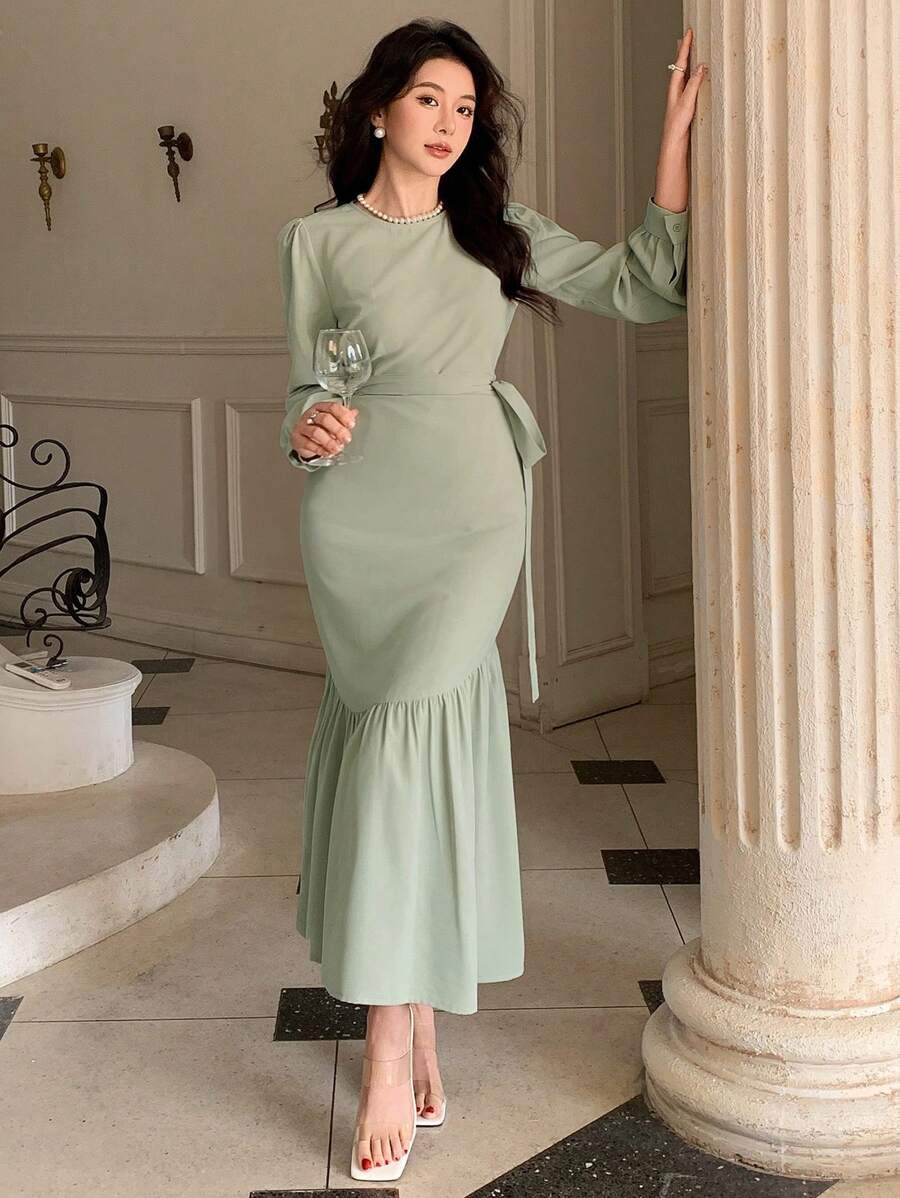 DAZY 女士优雅纯色泡泡袖衬衫和鱼尾裙两件套，适合春夏季、情人节、荷叶边 - 綠色 - 查看 1