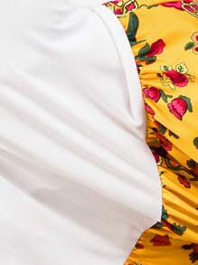 SHEIN Tween 女童休闲宽松拼接撞色荷叶边卡通印花连衣裙 - 白色 - 查看 6