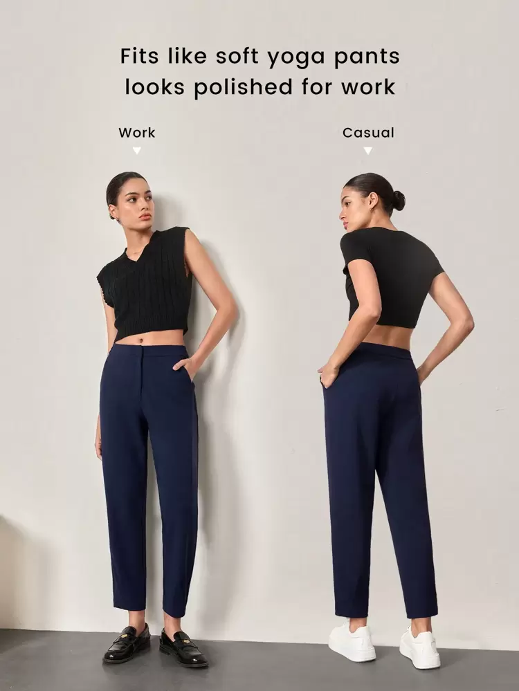 Calça de Trabalho com Cintura Média Elástica, Resistente a Rugas, de Fácil Vestir, Cintura Ajustada, com Bolsos Laterais, Uso Diário Casual de Escritório