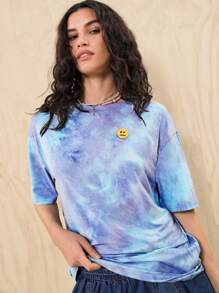 Muchica Tie Dye Patched Detail Drop Shoulder Tee - Blue and White - View 1