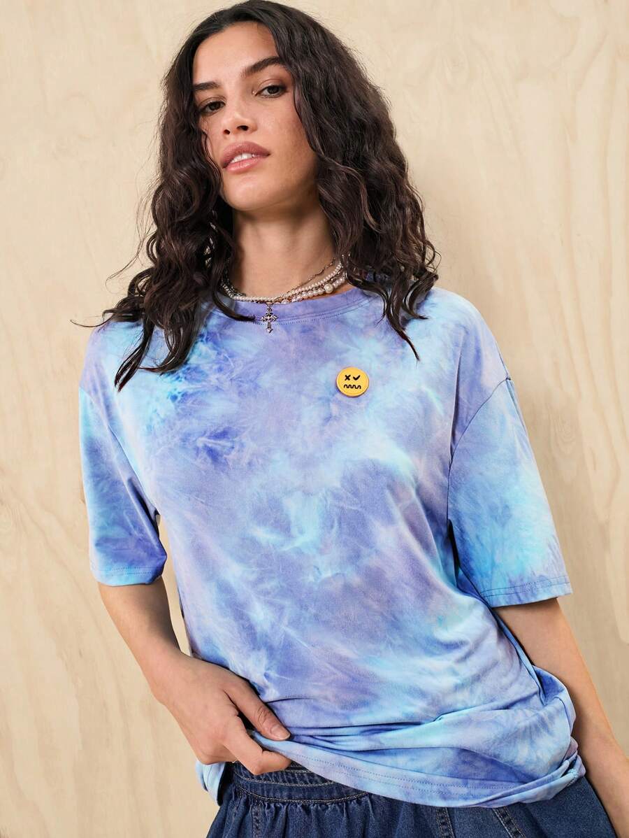 Muchica Tie Dye Patched Detail Drop Shoulder Tee - Blue and White - View 1