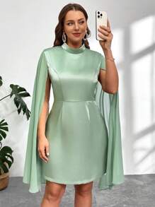SHEIN Privé Plus Size Elegant Party Solid Color Stand Collar Cape Sleeve Dress - Green - View 1
