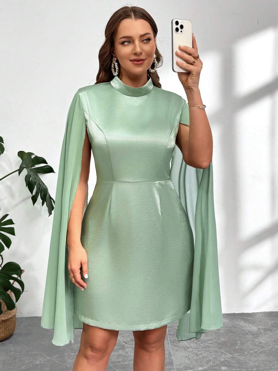 SHEIN Privé Plus Size Elegant Party Solid Color Stand Collar Cape Sleeve Dress - Green - View 1