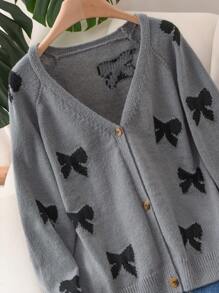 CosyJoli Plus Size Bow Detail Front Button Long Sleeve Casual Blouse - Grey - View 3