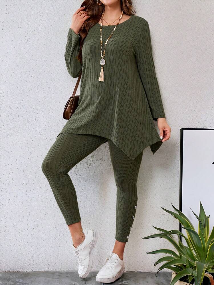 2pcs Plus Size Women Set: Long Sleeve Round Neck T-Shirt And Leggings, Autumn/Winter