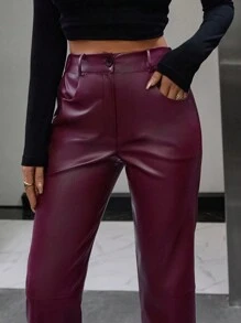 EURMUSE Women's Burgundy Casual Cropped PU Pants - Burgundy - View 3