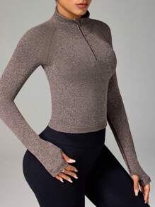 Easithlete 女士前拉链长袖修身休闲上衣，日常穿着 - 淺灰紫 - 查看 6