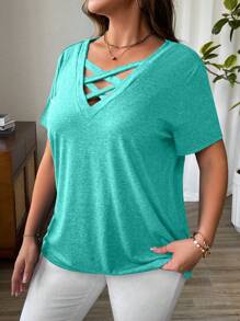 EMERY ROSE 大码女式镂空设计简约短袖针织 T 恤，休闲日常穿着 - 綠色 - 查看 4