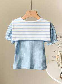 SHEIN 2 buc/Set Bebeluşă Fetiţă Nou Casual Resort Chic Elegant Albastru & Alb Tricot cu mâneci bufante, Capelet cu dungi detasabile 2 bucăţi ţinută - Albastru - Vizualizare 3