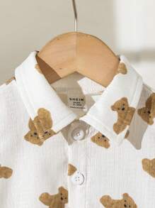 SHEIN 2 件套，新款宝宝春夏休闲风格，小熊图案印花上衣和小熊图案印花短裤 - 白色 - 查看 3