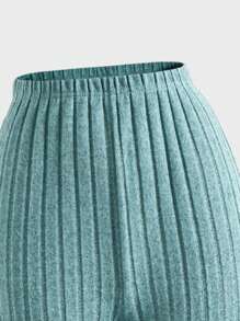 2pcs/Set Teen Girls' Casual Ribbed Knit Elastic Zip-Up Cropped Jacket And Skinny Flare Pants Outfit, Autumn - Blue - View 6