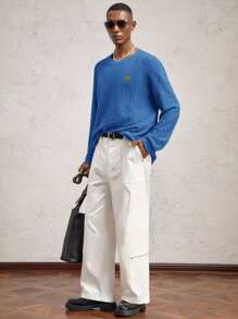 AKNOTIC Business Casual Tricou casual pentru bărbați, tricotat, cu umăr lung, cu mânecă lungă, cu gât turnu, potrivit pentru toamnă/iarnă, ținută zilnică, țesătură fleece cu litere grafice, culoare contrastantă - Albastru - Vizualizare 4