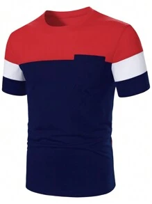 Manfinity Homme Camiseta casual de manga corta y cuello redondo para hombre, de color liso con panel contrastante en un diseño minimalista