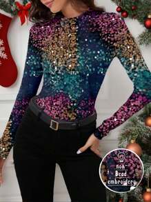 Glamance Warp Atelie Women Multicolor T-Shirts Long Sleeve Round Neck Casual Christmas,Plain,All Over Print,Colorblock Summer Outfits For Women Graphic Tee For Women Going Out