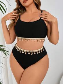 Swim Lushoire Plus Size Women 2pcs Shell Chain Bikini Set, Beach Resort Style, For Summer Vacation - Black - View 4