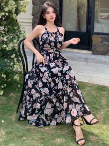 DAZY Đầm voan in họa tiết hoa lá nhỏ xinh, đầm hè kiểu yếm cổ yếm dành cho khu nghỉ dưỡng bãi biển, đầm nữ thường ngày, đầm lễ Phục sinh. - màu đen - Xem 1