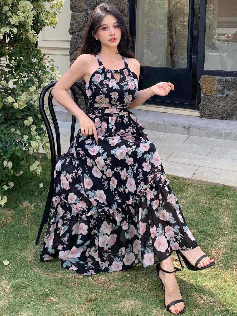 DAZY Đầm voan in họa tiết hoa lá nhỏ xinh, đầm hè kiểu yếm cổ yếm dành cho khu nghỉ dưỡng bãi biển, đầm nữ thường ngày, đầm lễ Phục sinh. - màu đen - Xem 1