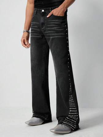 Street Life Jeans casuales sueltos de unicolor con decoración de remaches para hombres