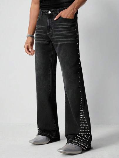 Street Life Jeans casual ample de couleur unie avec décorations à rivets pour hommes