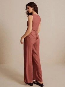 Poéselle Áo sơ mi vải lanh, áo sơ mi cài khuy phía trước, áo sơ mi xẻ tà phía trước, kiểu dáng đơn giản, thanh lịch, phong cách cổ điển sang trọng, chất liệu tự nhiên và thoải mái, thoáng khí tốt, phù hợp cho mặc hàng ngày hoặc đi nghỉ mát. - Rỉ Nâu - Xem 4