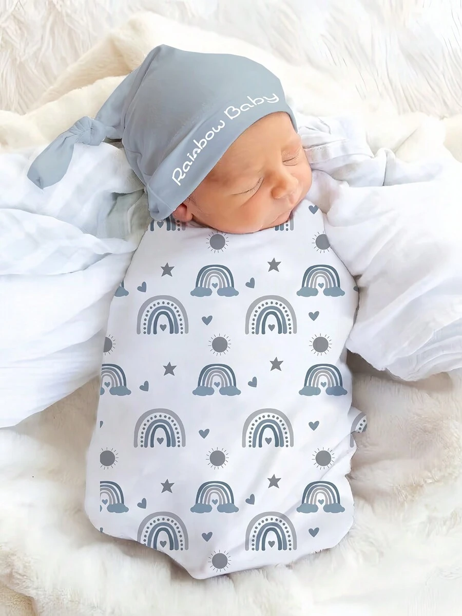 SHEIN Newborn Photography Swaddle Wrap Cute Rainbow Pattern Baby Swaddling Blanket Hat Set Studio Photo Shooting Accessory Blue And White Autumn - Multicolor - View 1