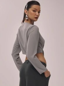 MUSERA Áo dài tay bằng chiffon cổ chữ V xẻ sâu, rủ mềm mại, thích hợp cho kỳ nghỉ lãng mạn mùa xuân hè, thu và các dịp lễ. - Màu xám đen - Xem 3