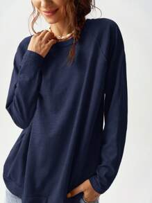 Bohemela Maglietta lunga da donna ampia, manica a raglan, collo a giro, maniche lunghe, in maglia tinta unita per vacanza - Blu - Visualizzare 7