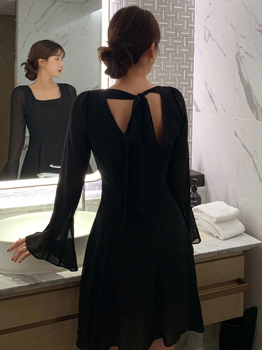 DAZY Women's Chiffon Patchwork Flare Sleeve Tie-Waist Dress, Black, Spring/Autumn Elegant,Ruffle Long Sleeve Dress - Black - View 1