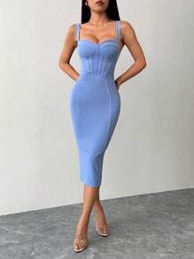 SHEIN PETITE 开叉后背紧身蓝色修身胸罩杯中长连衣裙 - 藍色 - 查看 3