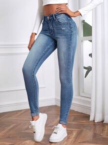 SHEIN Tall Women's Casual Medium Wash Denim Jeans: Long, Ripped Detail, And Zipper Fly - Medium Wash - View 1