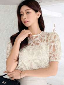 DAZY 女式透明泡泡袖衬衫，春夏新款，返校服装 - 白色 - 查看 1