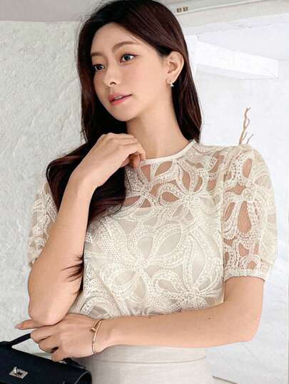 DAZY 女式透明泡泡袖衬衫，春夏新款，返校服装