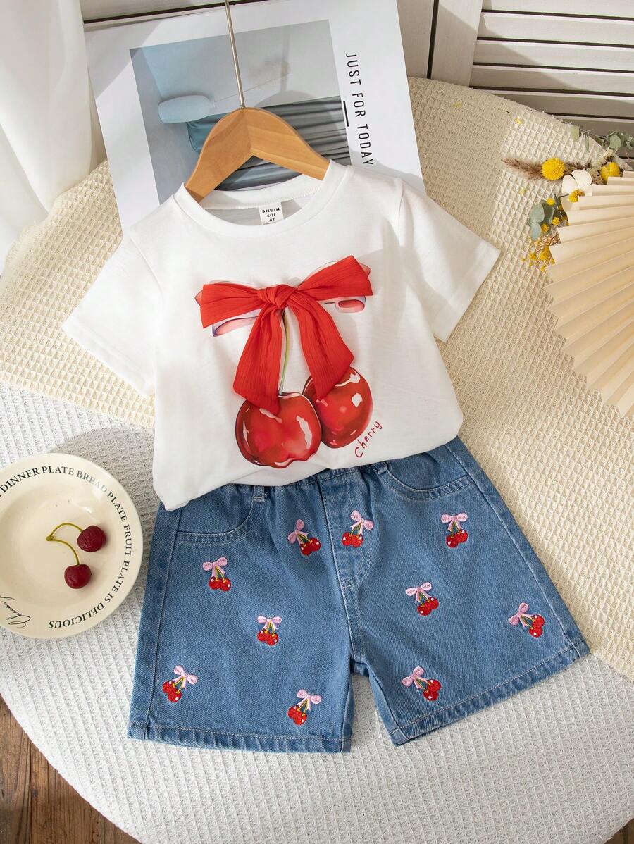 Souflis Souflis 2pcs/Set Toddler Girls Girhood Core Cherry Print Round Neck Short Sleeve T-Shirt And Denim Shorts With 3D Bow, Cherry Embroidery, Fashionable And Cute Summer Outfit - Multicolor - View 1