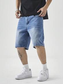 Manfinity Hypemode Men's Summer Casual Washed Loose Slant Pocket Denim Shorts Jorts Tropical Street Hang Out - Medium Wash - View 4