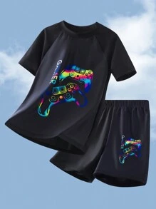 SHEIN 2pcs Tween Boy Casual Vacation Headphones Graphic Print Crew Neck Short Sleeve Tankini & Shorts Swimsuit Set - Black - View 2