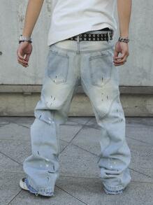 Manfinity EMRG Men's Pocket Ripped Print Simple Denim Jeans, Casual Daily Wear - Light Wash - View 2