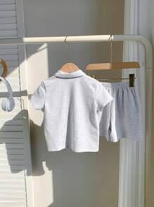 SHEIN 2pcs/Set Young Boys Casual Loose Knit Solid Color Polo Shirt And Shorts Set, Suitable For Kids Outfits, Back To School, Parties, Events, Weddings, Baptisms, Daily Wear, Sports, Spring/Summer - Grey - View 2