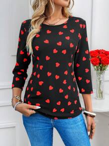 EMERY ROSE 女士心形印花圆领 3/4 袖休闲 T 恤 - 黑色 - 查看 7