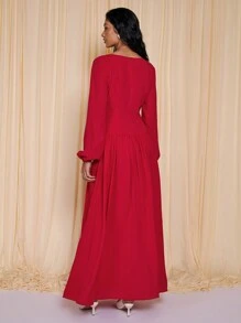COSMINA Vestido de manga larga con fruncido, rojo, estilo elegante de vacaciones para mujeres, primavera/verano