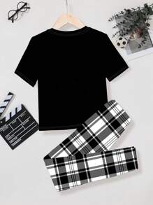 SHEIN Leap Crew Tween Boy Casual Minimalist Snug Fit Short Sleeve & Pants Loungewear Set, Suitable For Spring And Summer - Multicolor - View 2