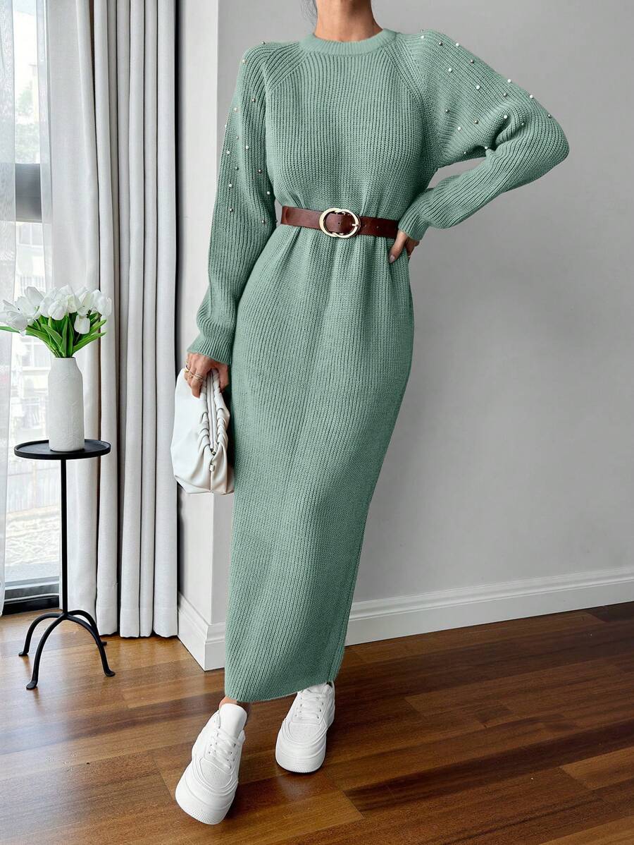 SHEIN Cottnline Round Neck Raglan Sleeve Maxi Sweater Dress With Beading - Mint Green - View 1