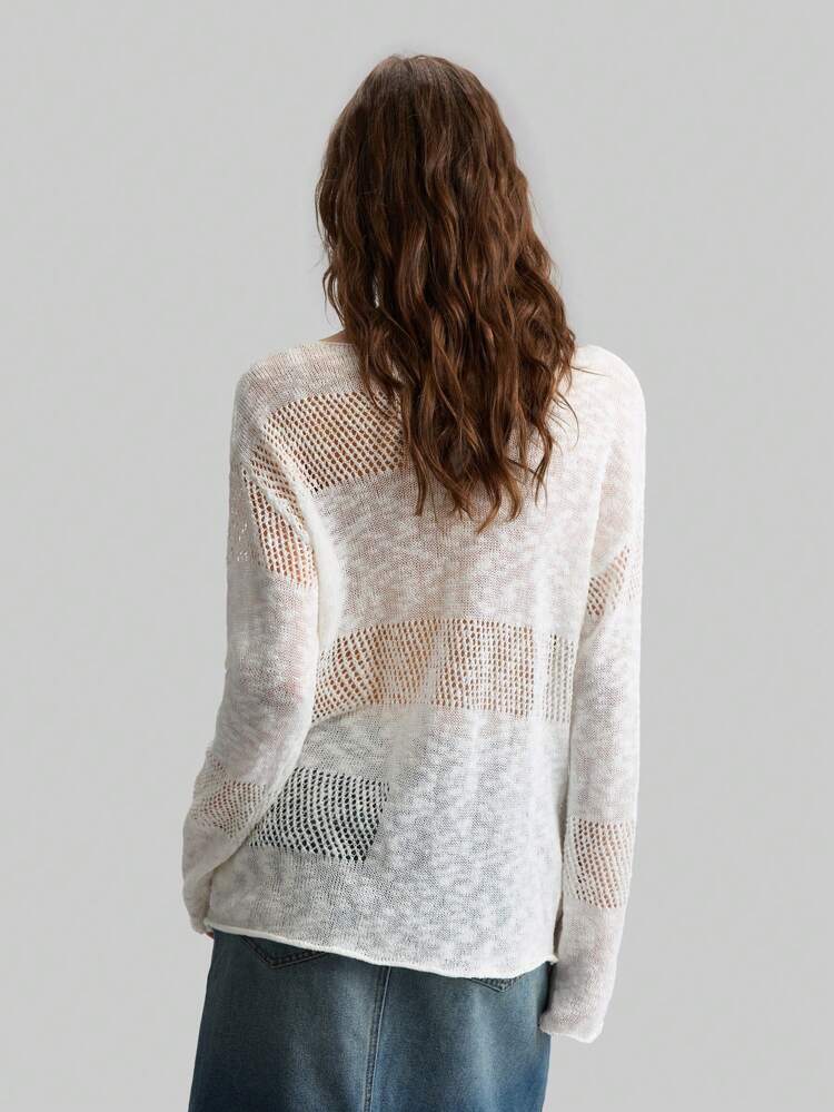 Women Plain Crew Neck Long Sleeve Hollow Design Casual Knit Sweater