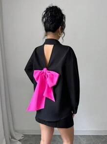 Rafferiza Áo cánh tay dài màu hồng đỏ tương phản, họa tiết nơ lớn đơn giản, túi rộng rãi, rộng rãi cho ngày lễ tình nhân, ngày nghỉ, ngày thường - Nhiều màu - Xem 6